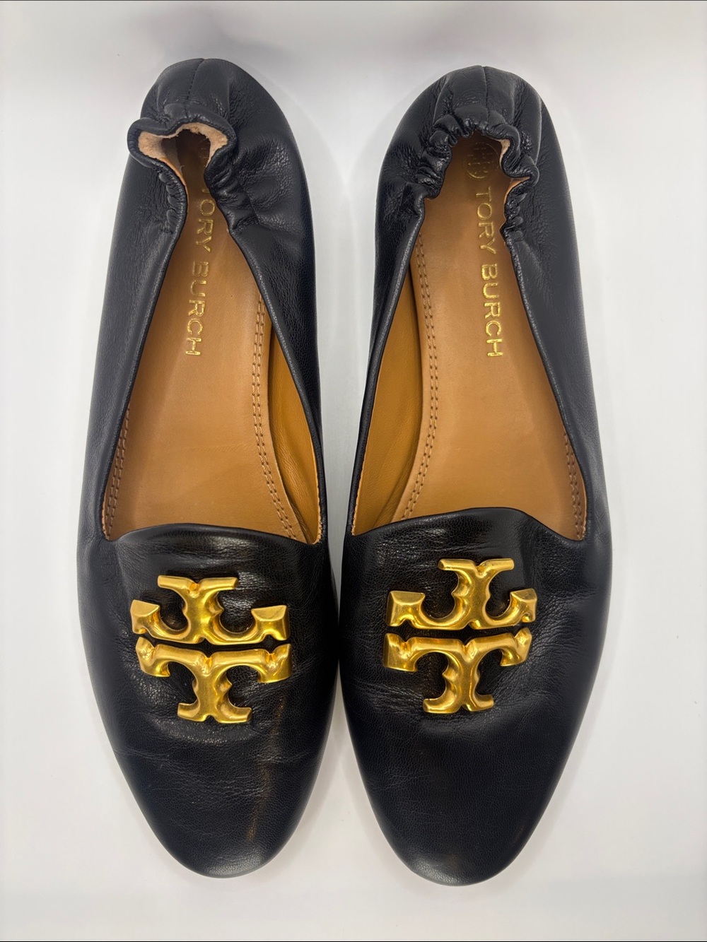 Tory Burch Black Leather Slip-On Loafers with Gold Logo - Picture 2 of 12